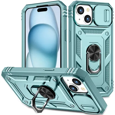 Obrázek produktu pro Pouzdro pro iPhone 15 Plus posuvná ochrana kamery, robustní nárazuvzdorné, s držákem prstenu, stojánkem a držákem na karty zelené