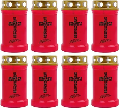 Produktbild von Grabkerze Rot 8er Pack, Brenndauer: 40 Stunden ( je Kerze ), Motiv: Kreuz