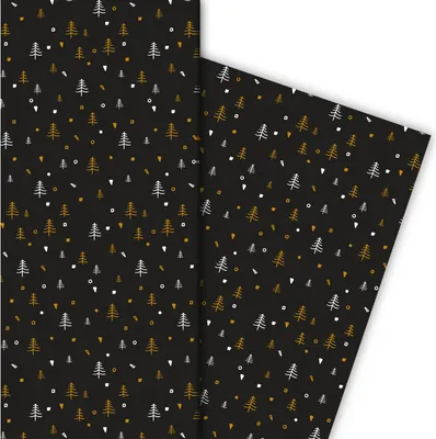 Produktbild von Designer Weihnachtspapier mit grafischen, kleinen Weihnachtsbäumen, schwarz - G9831, 32 x 48cm