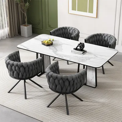Produktbild von Samt-Esszimmerstuhl(4 Stk)heller Luxus-Wohnzimmer-Schlafzimmer-Drehstuhl, Freizeit-Drehstuhl mit vier Stützbeinen aus Metall