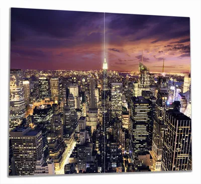Produktbild von Wallario Herdabdeckplatte aus Glas, Größe 60 x 52 cm 2-teilig, Motiv New York bei Nacht - Panoramablick über die Stadt