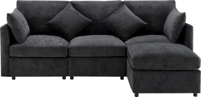 Produktbild von Abrihome L-förmig Ecksofa 3-Sitzer Sofa-216x161x81 cm mit Fußhocker und 4 Kissen, Chenille, Grau