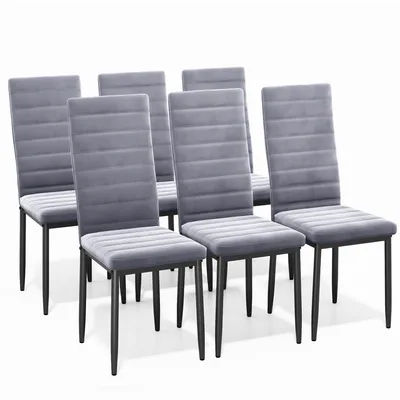 A set of six gray dining chairs with black legs, arranged in two rows against a white background.