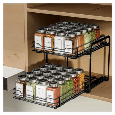 Produktbild von Ausziehbares Gewürzregal für Schränke, 2 Etagen, höhenverstellbar, schwarz, Gewürzorganizer