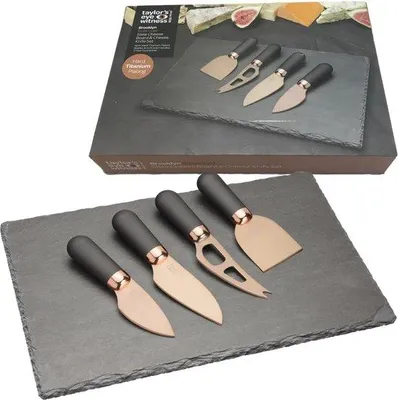 Produktbild von Edles Käsebrett-Set aus Schiefer, 4-teiliges Messer-Set, mandelförmiges Parmesanmesser