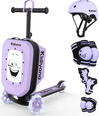Produktbild von Kidiyana Kinder Scooter mit Koffer Lila + Kinderhelm S Lila + Schutzausrüstung S – 3er Sicherheits-Set – Roller für Kinder ab 2 Jahren