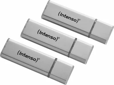 Three silver USB sticks are arranged diagonally on a white background.