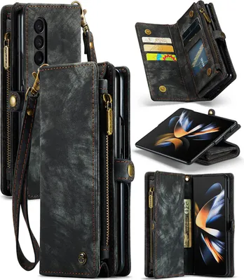 Produktbild von Schutzhülle für Galaxy Z Fold4, Vintage Multifunktions Lederhülle, Kartenfächer, Reißverschluss Hülle für Samsung Galaxy Z Fold 4 5G Schwarz