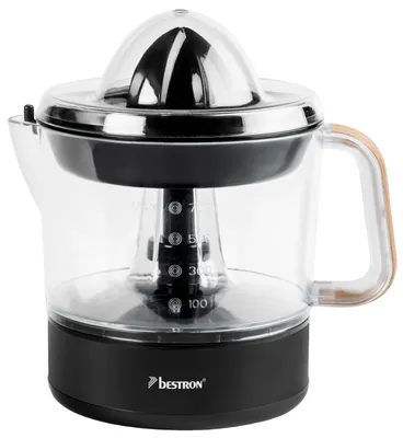 Immagine prodotto di Spremiagrumi elettrico Bestron, incl. 2 coni di spremitura e coperchio per aromi, motore con due sensi di rotazione (sinistra/destra), capacità: 0,7 litri, collezione Black & Wood, colore: nero/legno