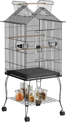 Produktbild von Vogelvoliere Vogelkäfig mit Ständer und Rollen Groß Wellensittichkäfig Metall Vogelhaus mit Holzstangen und Futternäpfe Voliere Käfig Tierkäfig für Papageien Tauben Sittiche Finken (Typ B)