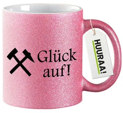 Produktbild von Huuraa Glitzertasse Glück auf! Ruhrpott 330ml Pink Keramik Kaffeebecher Geschenkidee