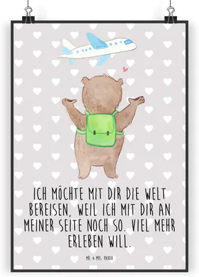 Produktbild von Mr. & Mrs. Panda Bild Bär Flugzeug DIN A3 - Grau Pastell - Geschenk, Mitbringsel, Kunstdruck, drucke, Wandbild, Freundin, für, Frauen, Hochzeitstag, Plakat, Partner