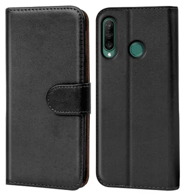 A black flip case for a Huawei Y6p phone, shown from the front and back.