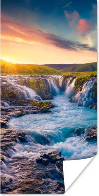 Produktbild von MuchoWow® Poster Wasserfall - Pflanzen - Moos - Landschaft - Sonnenuntergang - Fels 60x120 cm - Wandschmuck