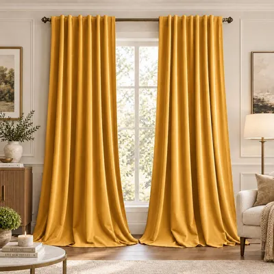 Image de 2 rideaux en velours occultants, rideaux thermoisolants avec bande froncée, pour salon ou chambre, couleur orange, dimensions 132 cm de largeur x 274 cm de hauteur