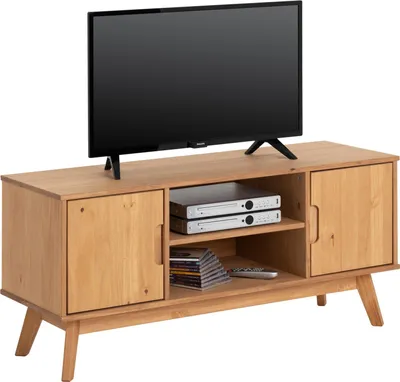 Produktbild von IDIMEX TV-Möbel TIVOLI, 114x54x39 cm (BxHxT), Massivholz Eichefarben, skandinavisches Design, 2 Türen, lackiert, grifflos, konische Füße, 3 verstellbare Einlegeböden, Fachmaße 31x33x36 cm und 46x33x38 cm