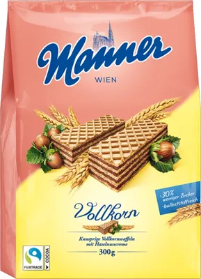 Produktbild von Manner zuckerreduzierte Vollkornwaffeln mit Haselnusscremefüllung 300g
