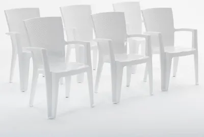 Image de lot de 6 chaises en polypropylène monobloc, empilables avec accoudoirs, résistantes à l'eau, effet rotin pour jardin, terrasse, restaurant, bar, faciles à nettoyer - Diana - Blanc