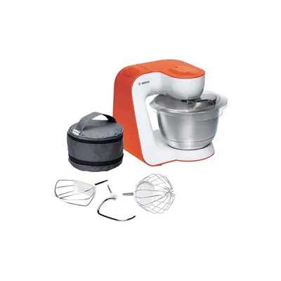 A Bosch kitchen machine with accessories on a white background.