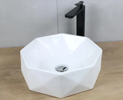 Produktbild von Keramik Waschbecken rund Ø 420 x 135 weiß ohne Überlauf Aufsatzwaschbecken Diamant mit Pop-Up Ablauf chrom