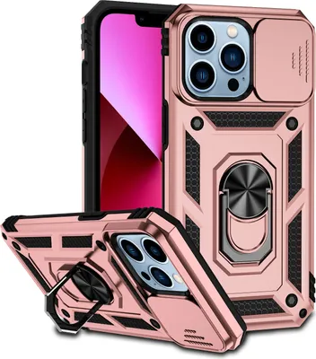 Image de Étui pour iPhone 14 Pro Max étui double couche avec couvercle coulissant pour appareil photo et anneau de support Or rose