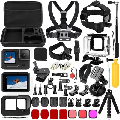 Produktbild von Refined Living Action Kamera Zubehör Set, 55-teilig, für GoPro Hero 9/10/11/12, mit wasserdichtem Gehäuse, Schwarz, aus PC, Nylon, Metall, inkl. Mini-Stativ, Selfie-Stick, Schutztasche, Antibeschlag-Plugins und Farbfilter