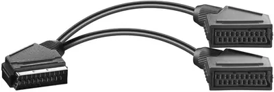 Produktbild von Goobay 34172 Scart Y Kabeladapter, Stecker zu Buchse, gesamt geschirmt, 0.2 m, Schwarz - Scartstecker (10-Pin) > 2x Scartbuchse (10-Pin)