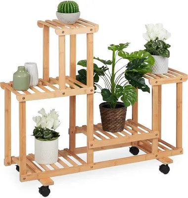 Produktbild von Famanu Pflanzenregal mit 6 Ablagen aus Bambus - Naturfarbe, rollbar