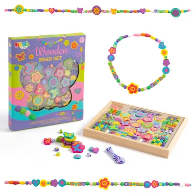 Produktbild von Joya Creative Holzschmuck Bastelset 142-teilig –Perlenset mit Aufbewahrungsbox aus Holz für Kinder