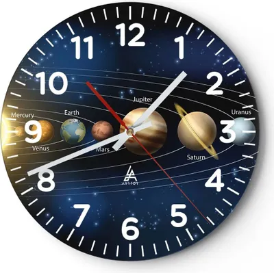 Produktbild von Wanduhr - Rund - Glasuhr - Kosmos Planet - 30x30cm - Schleichendes Uhrwerk - Lautlos - zum Aufhängen bereit - Dekoration Modern - Wanddekoration aus Glas - C4AR30x30-3650