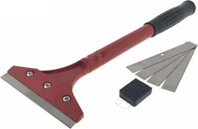 A scraper tool with extra blades and a small black case on a white background.