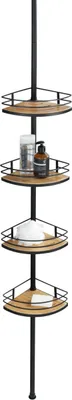 A four-tiered corner shower caddy with wooden shelves and a black metal frame, standing against a white background.