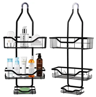 Image de Étagère de douche à 3 niveaux, à suspendre sans perçage, en acier inoxydable noir, avec 2 paniers et un porte-savon