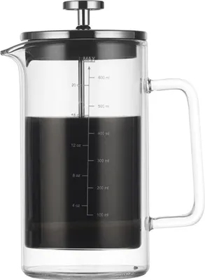A French press coffee maker filled with coffee.