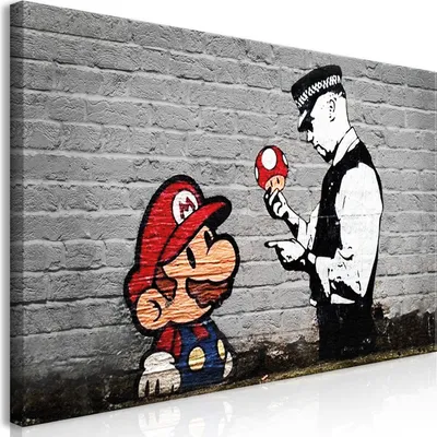 Produktbild von Wandbild Mega XXXL Banksy Mario 250x125 cm Einteiliger XXL-Format Kunstdruck zur Selbstmontage Leinwandbilder moderne Bilder DIY Wanddekoration Wohnung Deko Design h-B-0080-ak-e