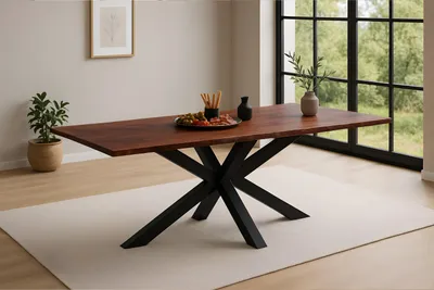 Produktbild von Esstisch Baumkante massiv Akazie kastaniefarben 200 x 100 cm Spider-Gestell schwarz ROXANA