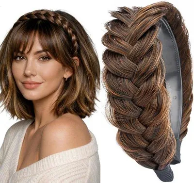 Produktbild von Geflochtenes Haarband – Damen-Haarband mit Kunsthaar – 13,5 x 14,5 cm – Fischgrätenzopf – Geflochtenes Band – Haaraccessoire – Dunkelbraun