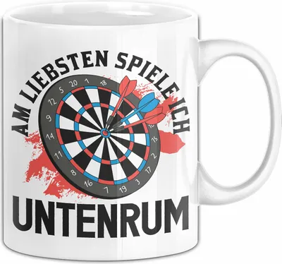 Produktbild von Darts Tasse Geschenk Am Liebsten Spiele Ich Untenrum (Weiß)