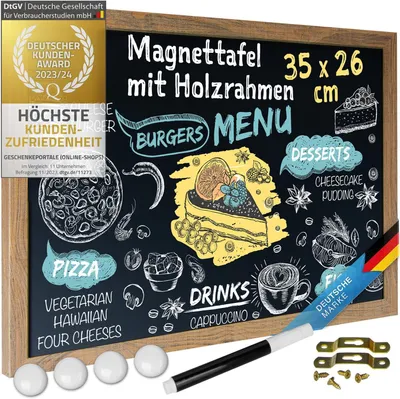 Productafbeelding van Magnetisch bord met krijtfunctie, met houten frame, 26x35 cm - Praktisch memobord en wandbord, inclusief accessoires (stift, magneten), geschikt voor keuken, kantoor en huishouden