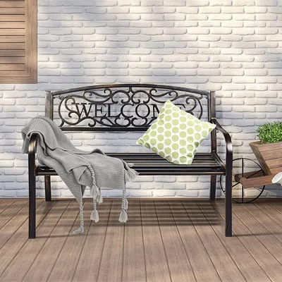Produktbild von GOPLUS 3 Sitzer Gartenbank  aus Gusseisen, mit geschriebenen Welcome,  Parkbank Metall, Ruhebank,bis zu 320 kg Belastbar, für Garten Park (Welcome-Bronze)