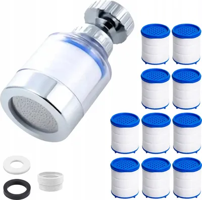 A faucet water filter with multiple replacement filter cartridges and adapters.