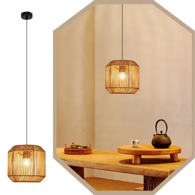 Image de ZMH Lampe à suspension de table à manger Vintage Lampe à suspension de salle à manger en rotin Lampe de table à manger 1 flamme Lanterne design E27 Lampe à suspendre pour chambre à coucher lit salon couloir(ampoule non incluse)