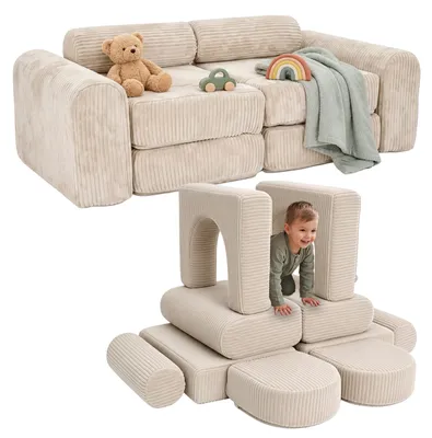 Obrázok produktu pre Relaxdays, detská sedačka, modulárna, 10-dielna, mäkké stavebné kocky, detská sedačka, materiál: Cord, rozmery (výška x šírka x hĺbka): 32 x 108 x 50 cm, sedačka na hranie, farba: béžová