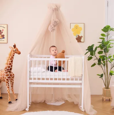 Immagine prodotto di Alavya Home Baldacchino Letto con Pompon in Tulle Morbido 120x200 cm con Asta Inclusa per Cameretta Bebè, Oasi Protetta ed Elegante
