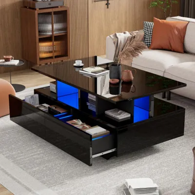 Produktbild von Couchtisch, Kaffeetisch mit LED-Beleuchtung und 2 Schubladen, Stilvoller 90x55x41cm Beistelltisch