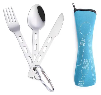 Immagine prodotto di Set di posate da campeggio, composto da forchetta, cucchiaio e coltello, in acciaio inossidabile, riutilizzabile