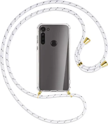 Produktbild von Handykette Backcover-Schutzhülle mit Band (Metall goldfarben) für Motorola Moto G8 - weiß/grau