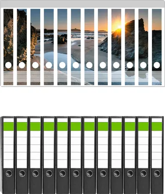 Produktbild von Wallario 12 Stück schmale Ordner inkl. Klebeetiketten mit Motive Sonnenuntergang hinter einem Felsen am Strand -  Set mit Rückenschildern / Ordnerrücken Stickern