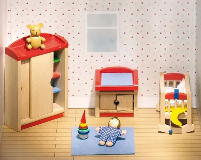 Produktbild von goki 51905 Puppenmöbel Kinderzimmer, rot/blau/natur (1 Set)