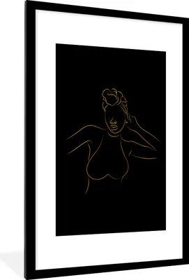 Produktbild von MuchoWow® Gerahmtes Poster Frau - Schwarz - Gold - Strichzeichnung 60x90 cm - Poster mit Schwarzem Bilderrahmen Wandposter Rahmen Foto Bilder - Dekoration - Wandposter Wohnzimmer - Hochwertig